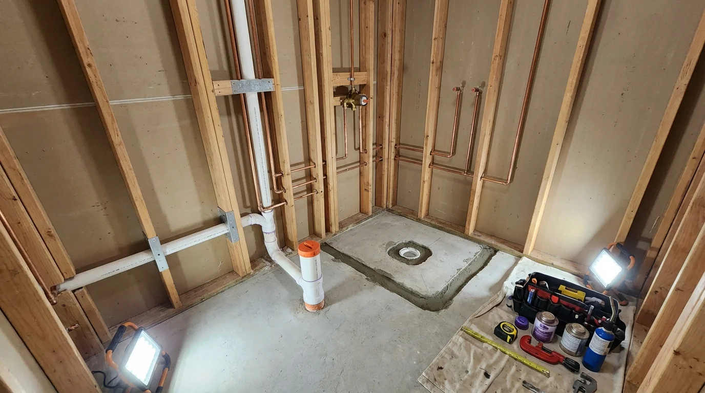 Bathroom rough-in plumbing during remodel by Johns Plumbing LLC in Huntsville