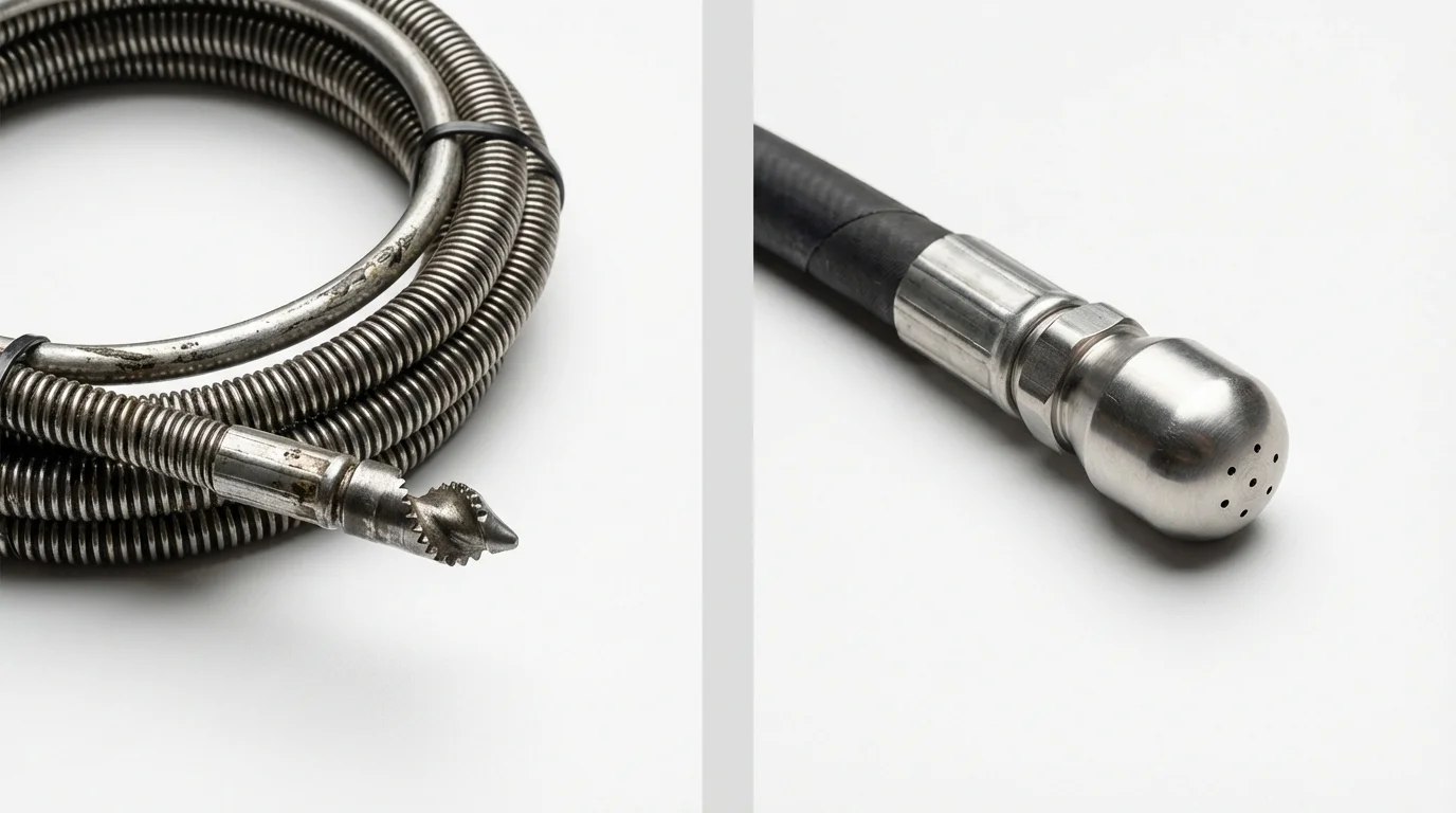 Drain snake cable and hydro jetting nozzle used for drain cleaning in Huntsville, TX