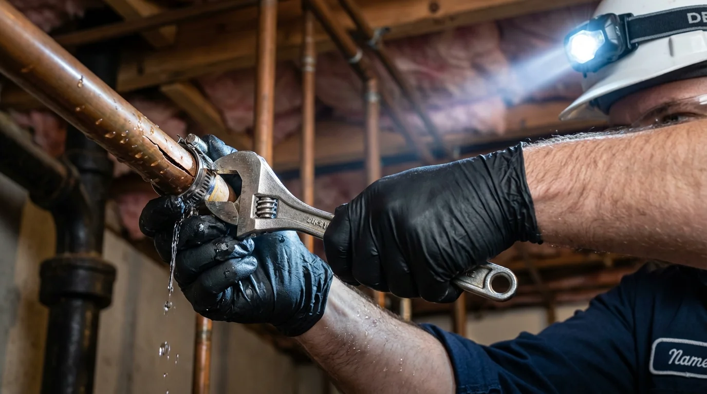 Emergency pipe clamp repair being performed by a Johns Plumbing LLC plumber in Huntsville
