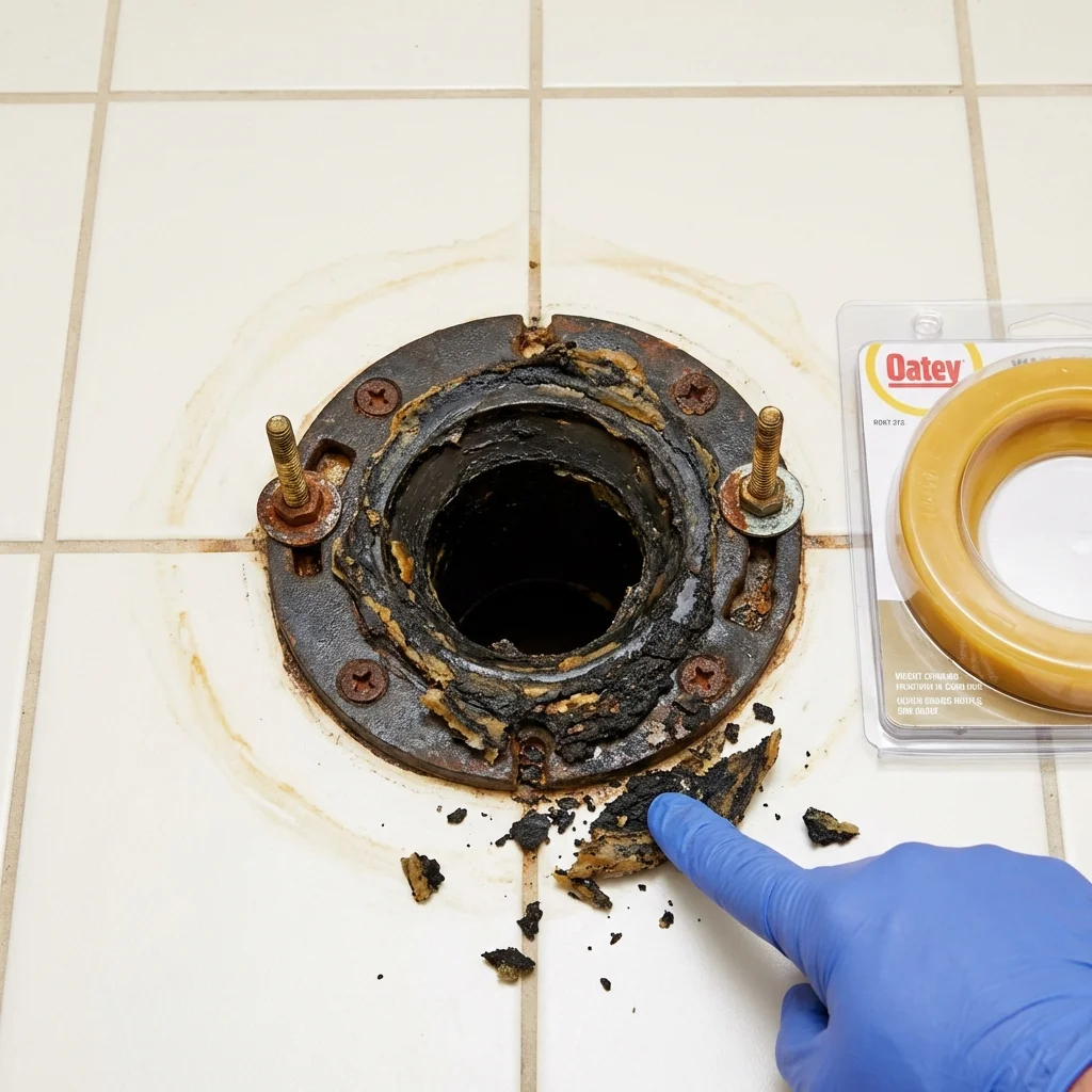 Failed wax ring showing water seepage at the base of a toilet in a Huntsville, TX home