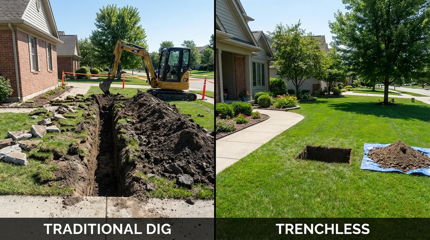 Trenchless sewer repair with minimal yard damage versus traditional excavation in Huntsville, TX
