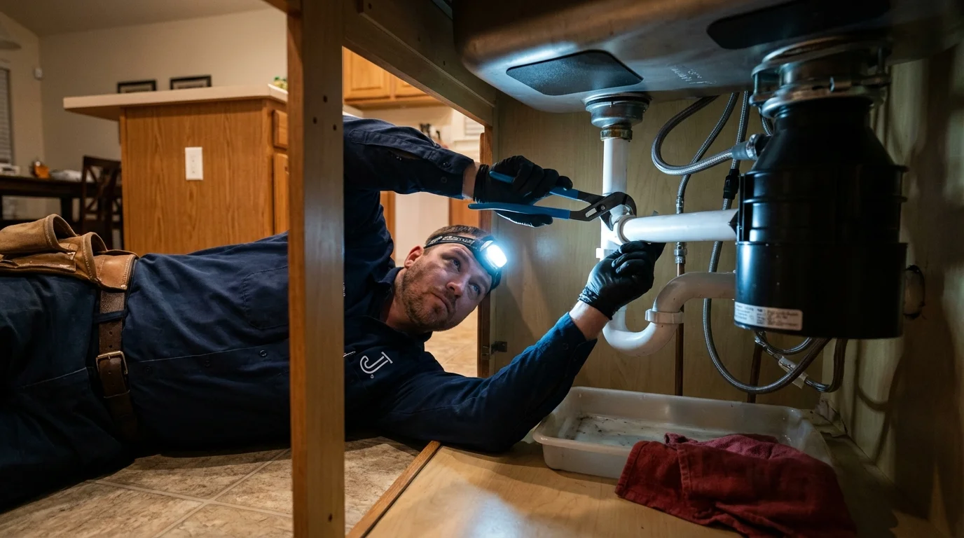 P-trap and supply line connections under a kitchen sink showing a common leak point in Huntsville, TX